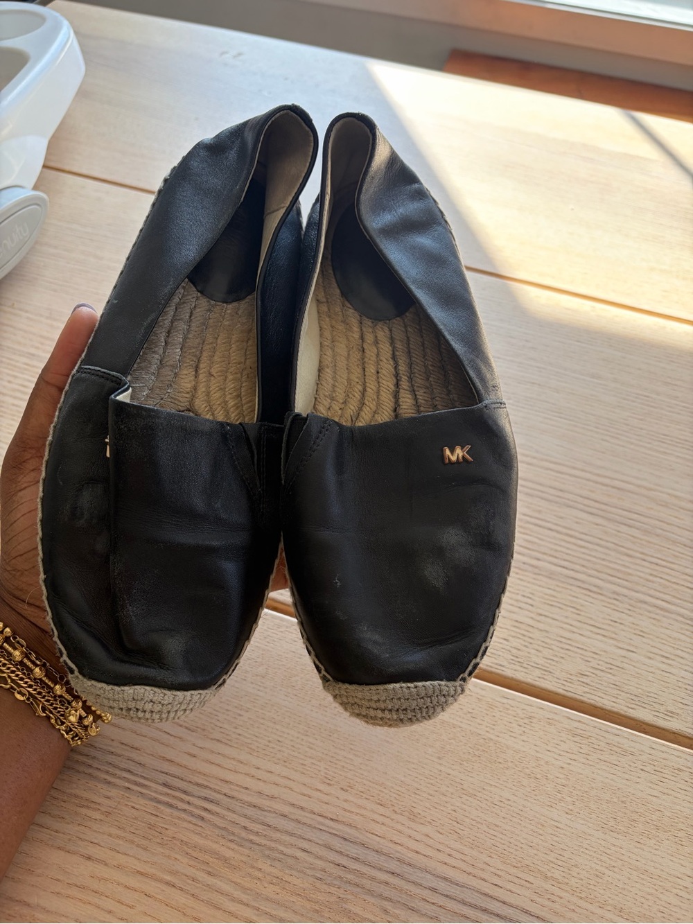 MICHAEL Michael Kors Black Leather Espadrilles with Gold MK Logo